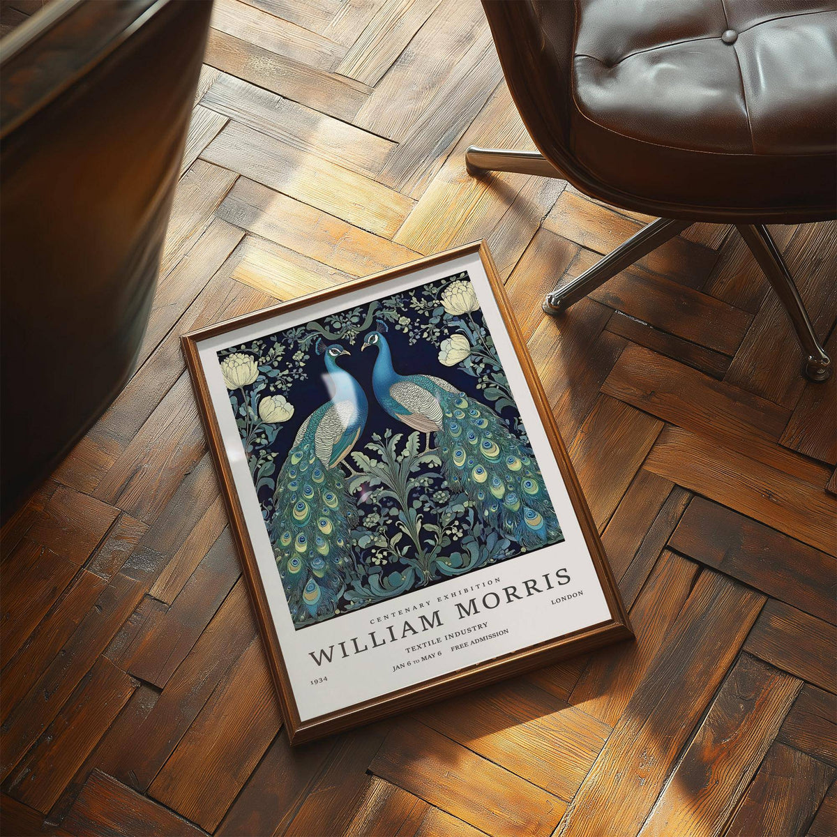 Print leaning on a shelf of a pair of peacocks in art deco style with blue and green hues