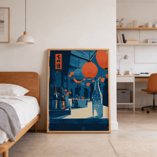 Japanese Market wall art leaning on floor showing lantern-lit market stall in blue and orange tones in bedroom