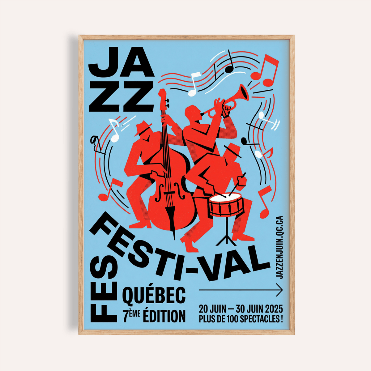 Framed print close-up of Musical Event wall art with red jazz band figures on blue background