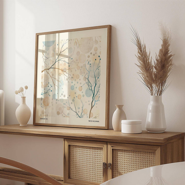 Print leaning on a wooden sideboard with neutral artwork of delicate tree branches and berries and beige and blue tones