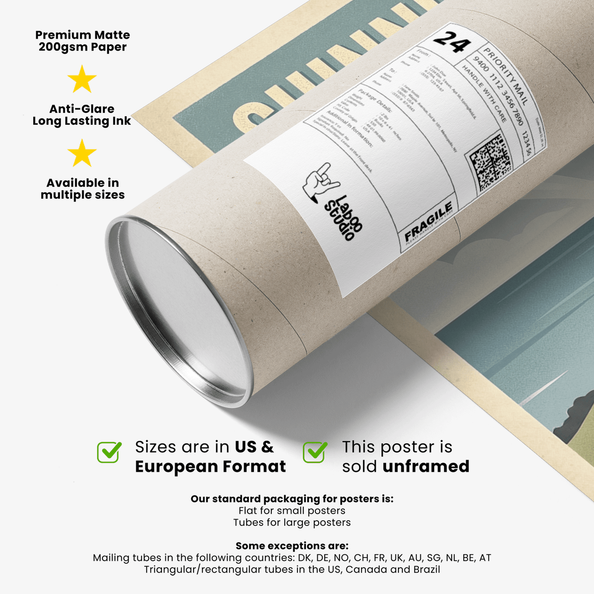 Packaging tube for Long Island golf art print with mailing label and studio logo