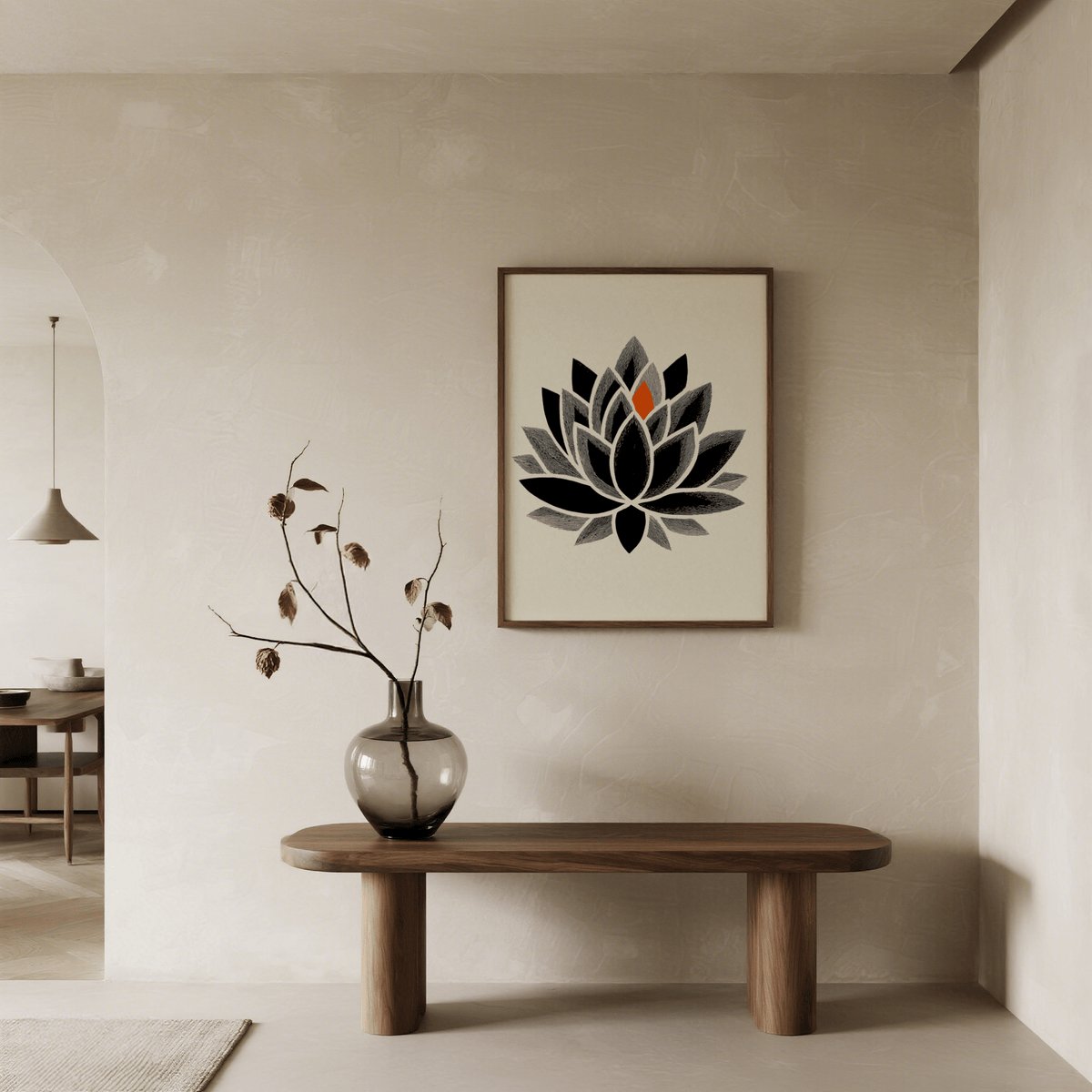 Lotus Art Print hanging above a wooden bench with a vase and dried flowers in a muted beige room