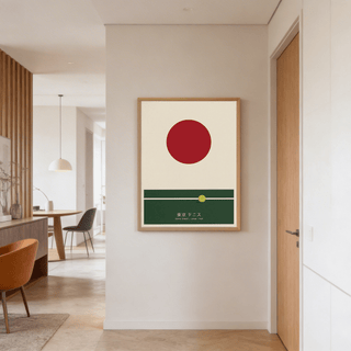 Japanese Tennis Art Print in minimalist style with tennis ball and flag on a hallway wall