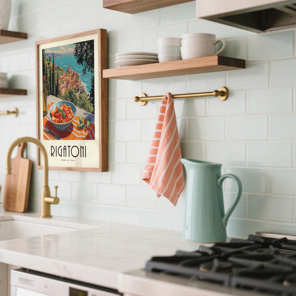 Pasta artwork print of vintage style rigatoni bowl on kitchen wall with kitchenware