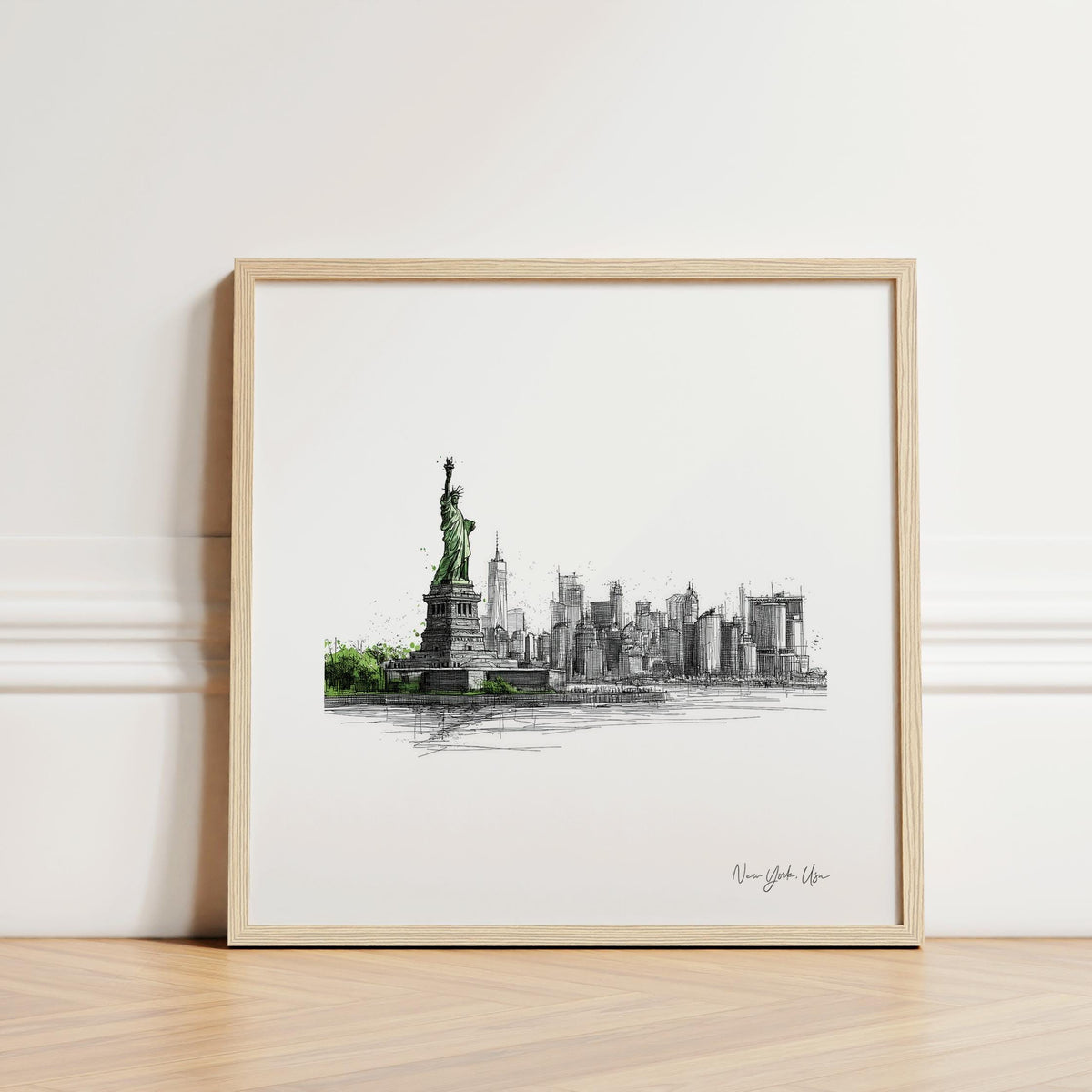 Print leaning on a floor showing New York City Travel Poster in green and grey tones