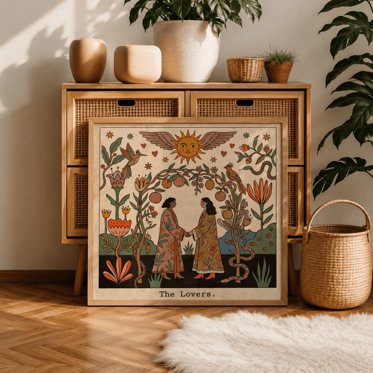 Framed print The Lovers Tarot Card Art folk-art style with two women holding hands leaning against a wooden cabinet