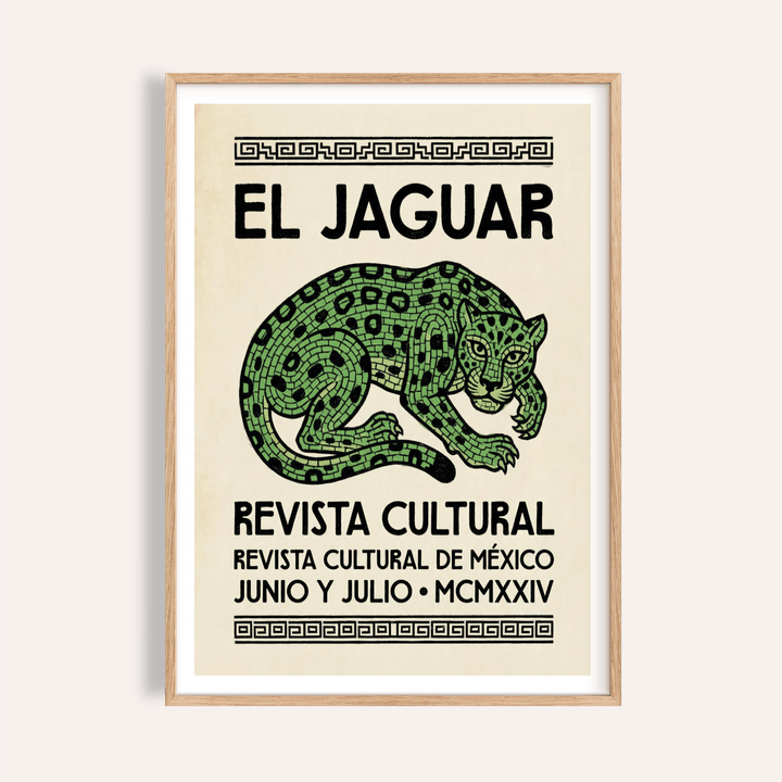 Framed print close-up of a green jaguar illustration with black text in folk-art style