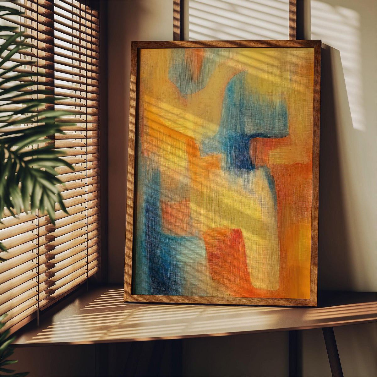 Framed Modern Art Posters showing abstract colourful shapes in warm and cool tones leaning on a wooden shelf near window blinds