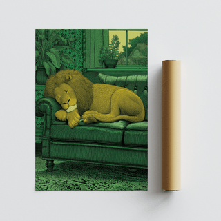 Sleeping Lion Print rolled print with packaging tube showing a yellow lion resting on a green sofa