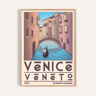 Venice Travel Poster framed print close-up of a gondola on a blue canal between pink and brown buildings