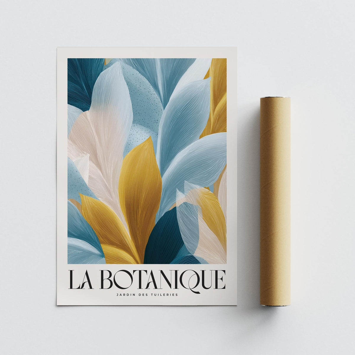 Wall Art Blue and Gold print with botanical leaves in blue and gold colours shown with packaging tube