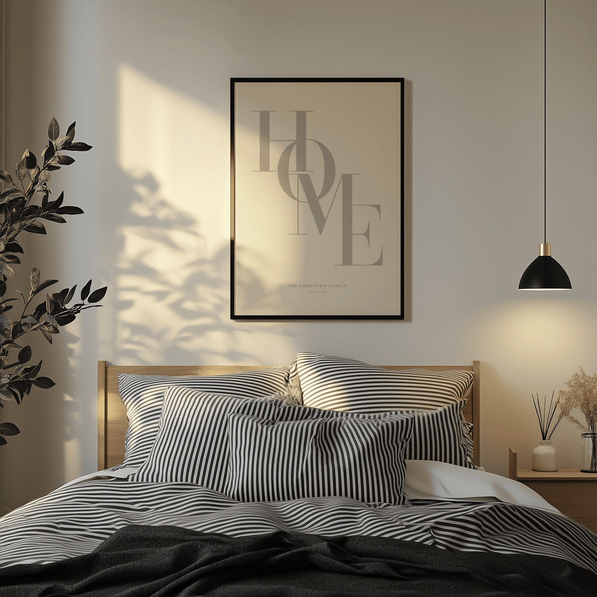 Home Beige Personal Print wall art with minimalist typography above a bed with striped bedding