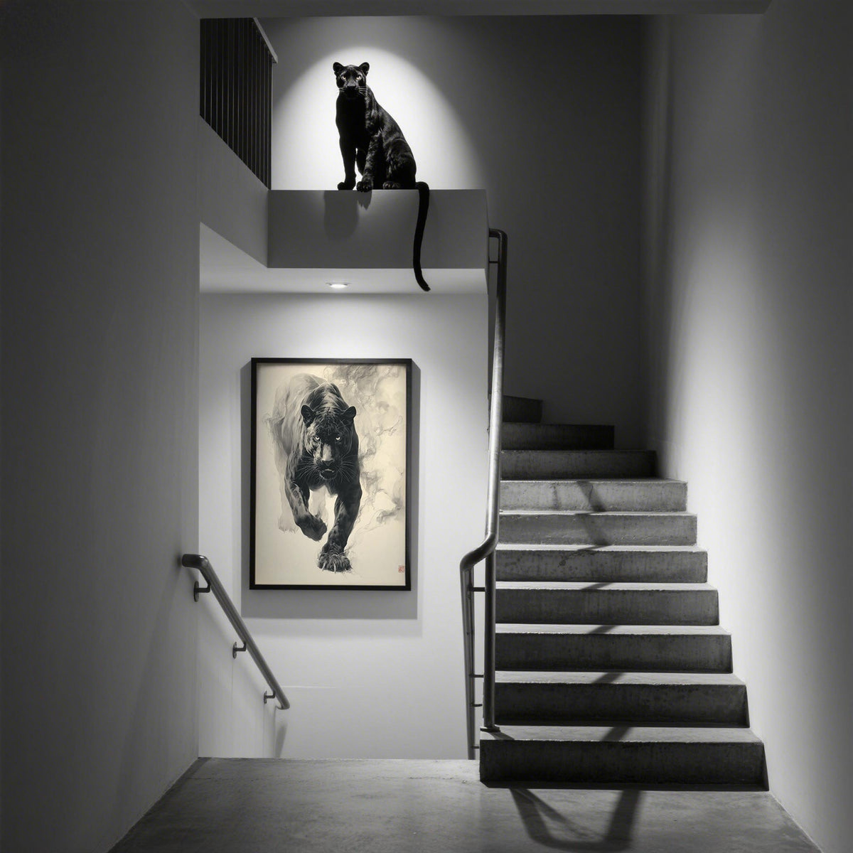 Traditional Japanese Ink Art print of a black panther in monochrome in a stairwell with a black panther statue