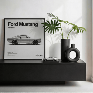 Classic American Muscle Car Poster as print leaning on a shelf with black vases and a car model