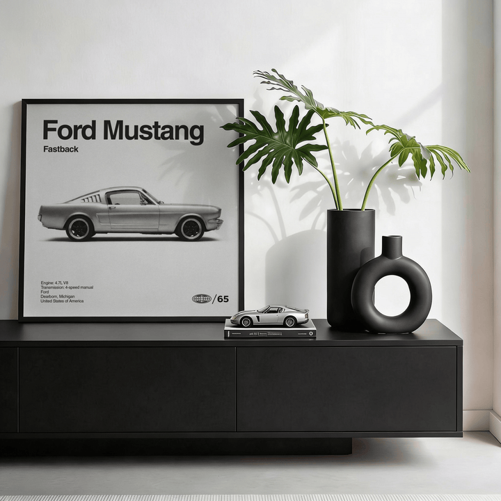 Classic American Muscle Car Poster as print leaning on a shelf with black vases and a car model