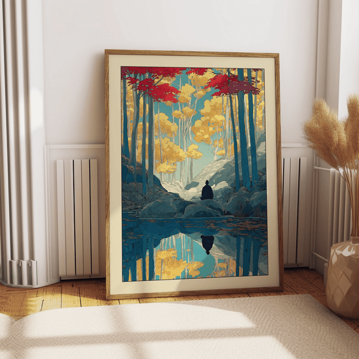 Zen Forest Art Print leaning on a wooden floor by a cream rug with dried flowers nearby