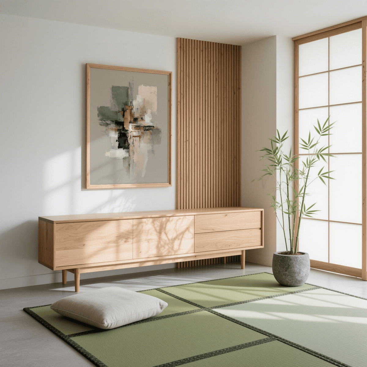 Wall Print Abstract abstract geometric shapes in green, pink and beige in a minimalistic living room with a wooden sideboard and potted