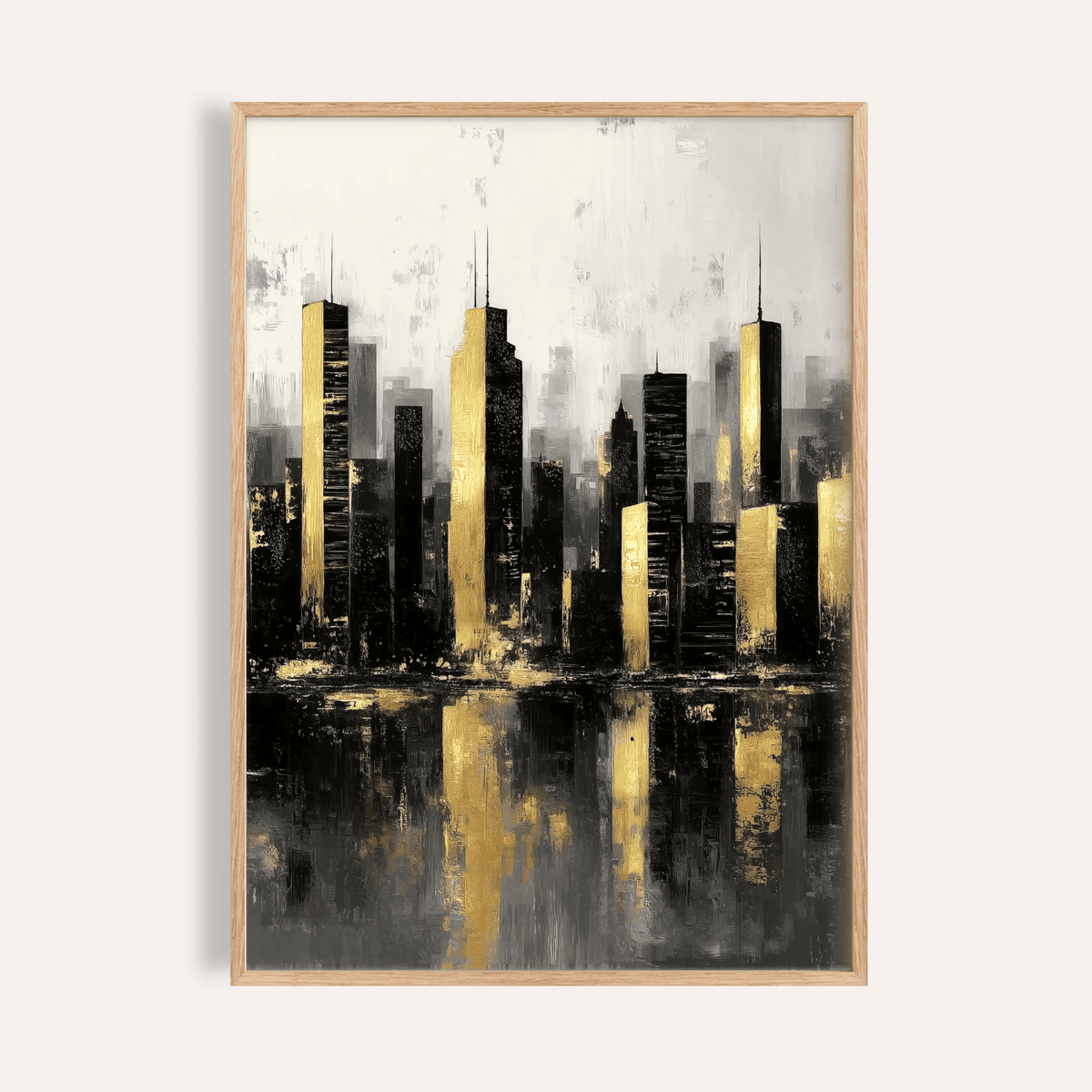 Framed city skyline at night artwork with gold and black abstract blocks on grey background