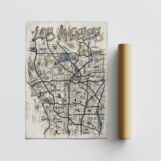 Los Angeles Map Art flat print with blue and beige tones alongside a packaging tube