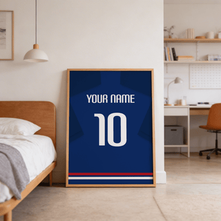 Football Shirt Poster in Plain Blue with White Number leaning on a floor near a bed in a bedroom