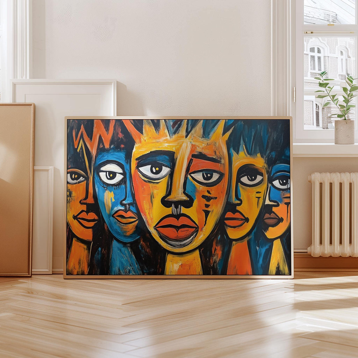 Print leaning on the floor showing African wall art for living room of tribal expressionist faces in orange and blue tones with nearby