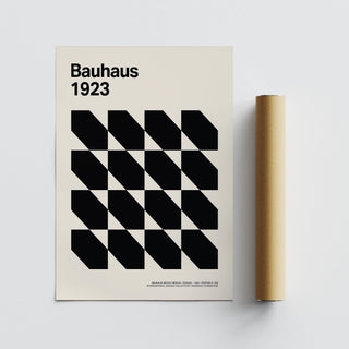 Corporate Office Artwork showing a grid of black geometric shapes on a beige background beside a brown packaging tube