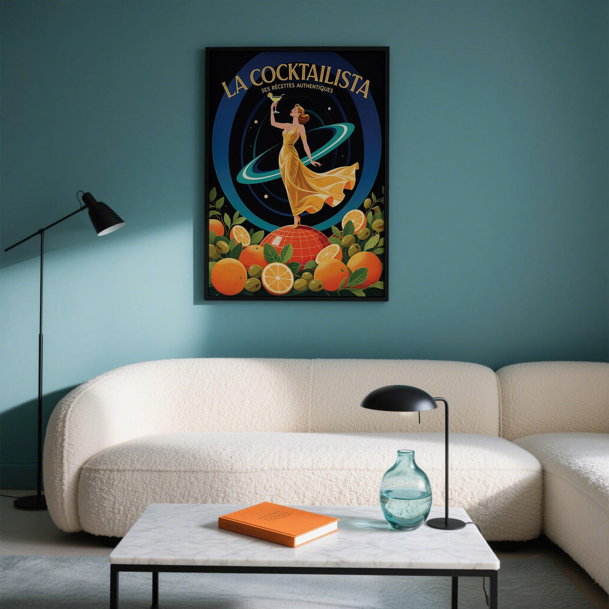 Prints for Bar retro art-deco woman in golden dress with cocktail above a curved sofa