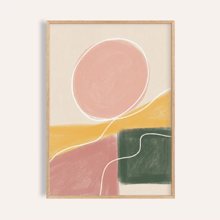 Framed Modern Abstract Print with pink circle and green block on neutral background