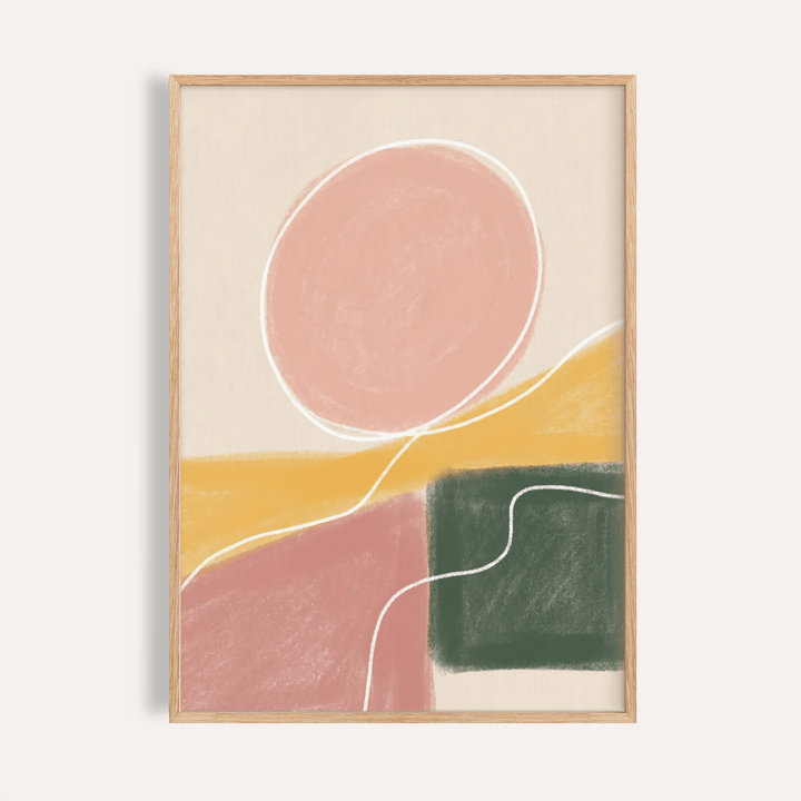 Framed Modern Abstract Print with pink circle and green block on neutral background