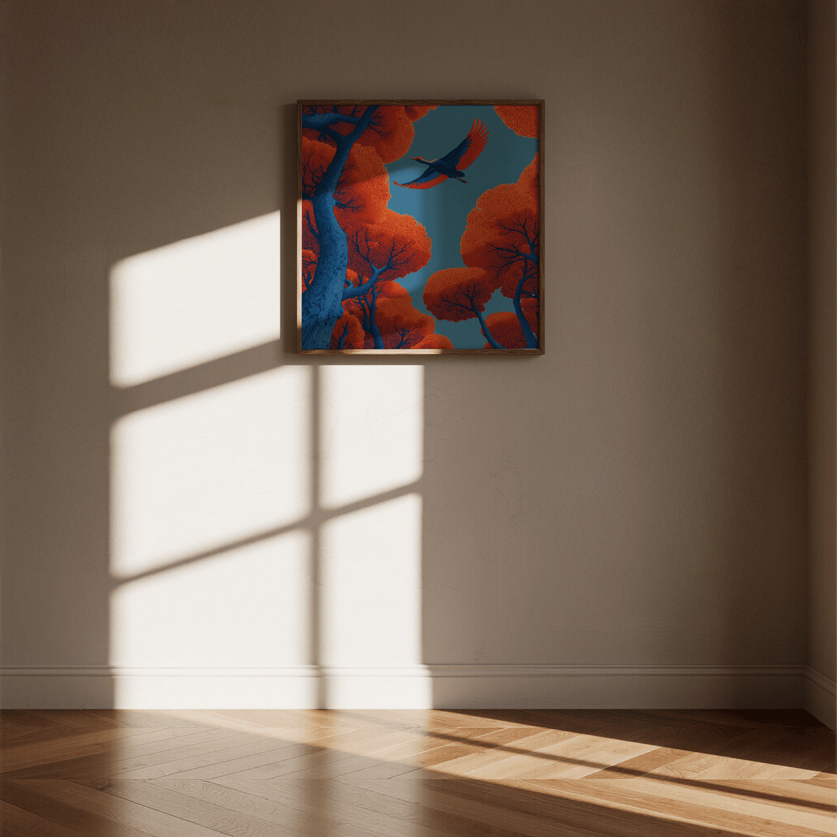 Fyling Bird wall decor of an illustrated bird in flight with blue and orange trees on a cream wall with sunlight