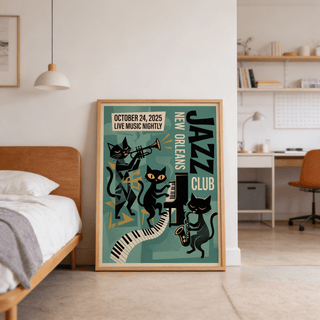 New Orleans Music Poster print leaning on bedroom floor featuring black cats playing jazz instruments in teal and black