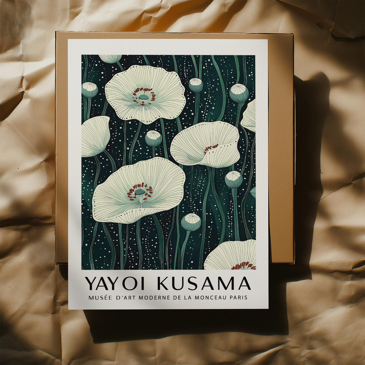 Poppy Prints of white poppy flowers in botanical illustration style lying on cardboard and crinkled paper