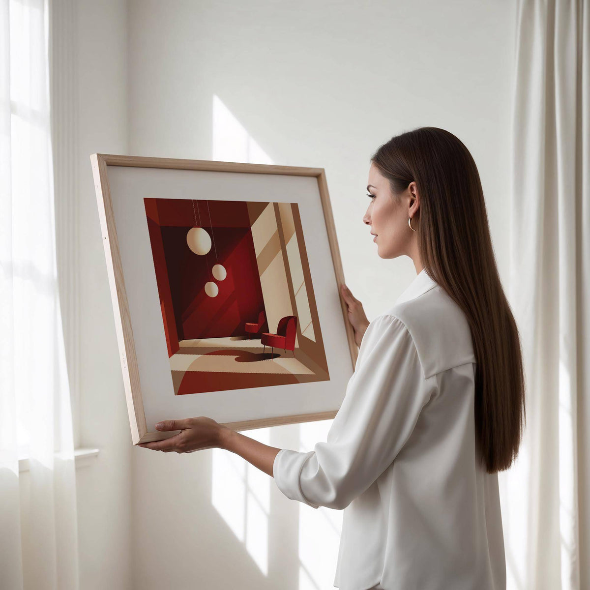 Framed Architectural Interior Art held in hands showing red and beige minimalist interior with armchairs
