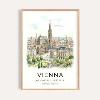 Framed Vienna Cityscape Art Print of St Stephen's Cathedral and surrounding buildings in watercolour style