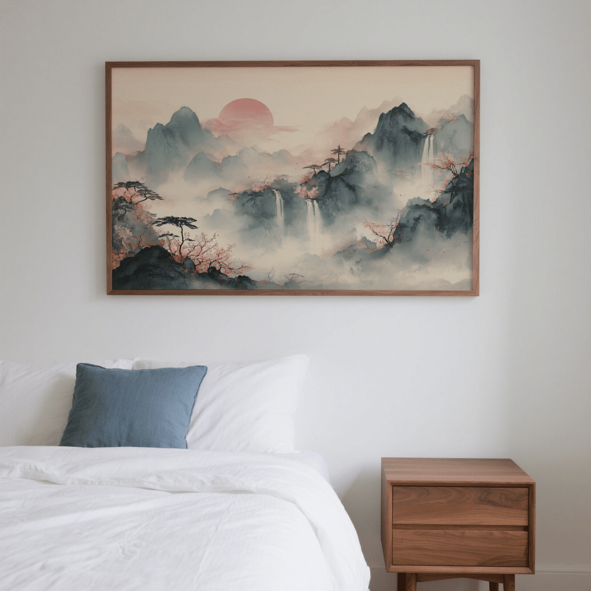 Tiger Mountain wall art in soft pink and grey mist over a bed with a blue cushion