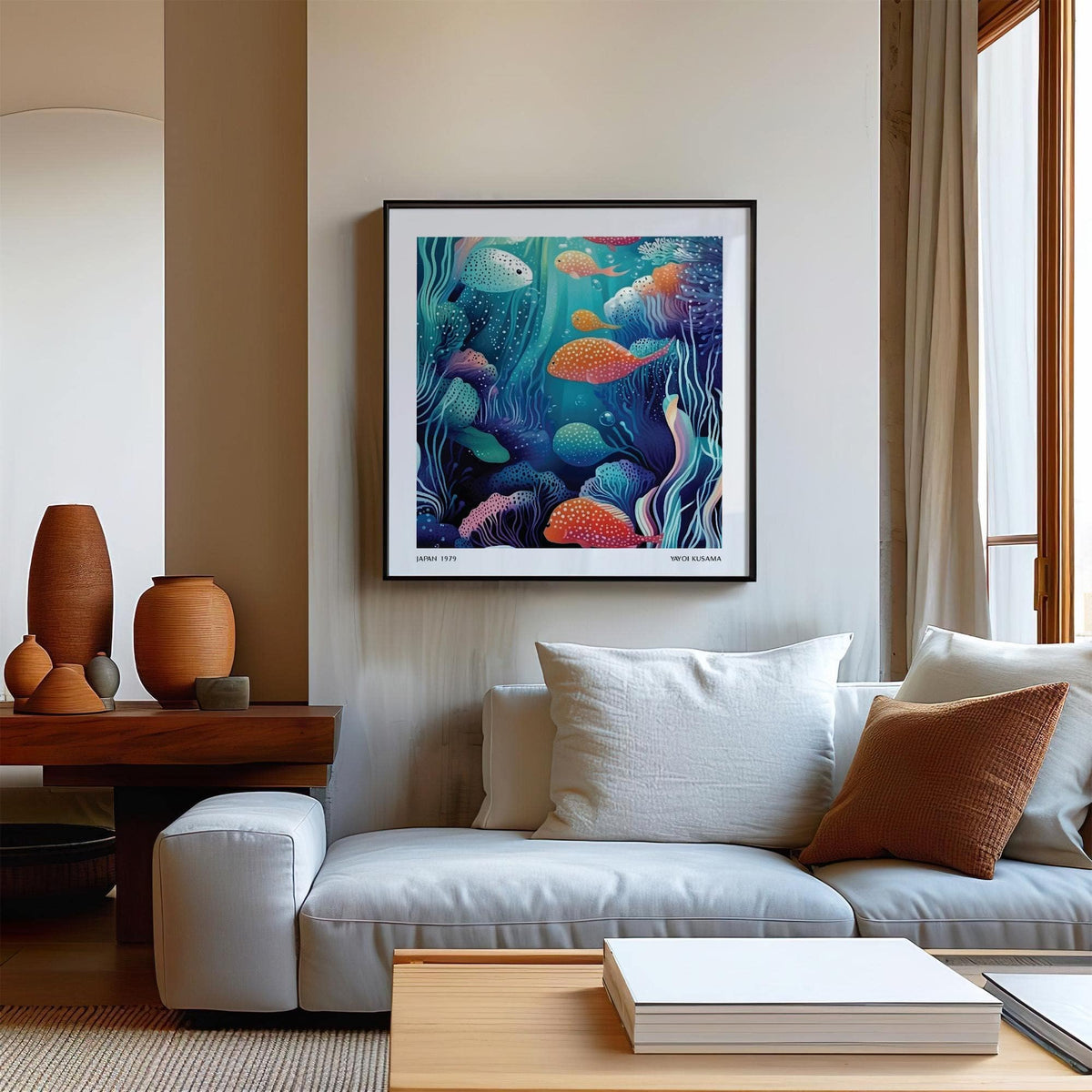 Underwater artwork print with colourful spotted fish in deep blue tones above a white sofa
