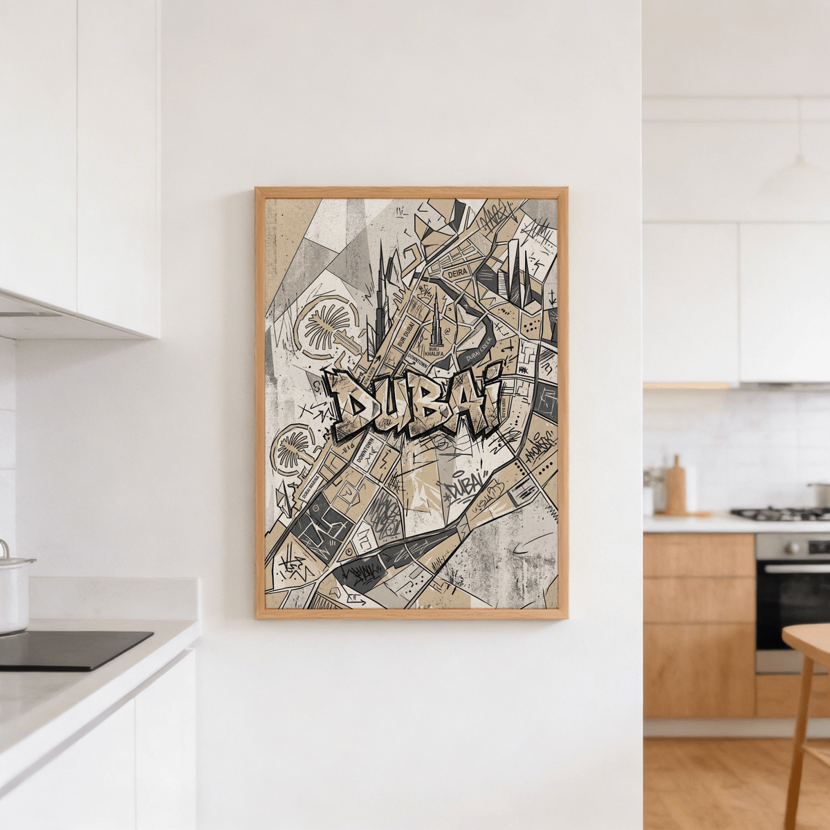 Dubai Street Art framed print close-up of a beige and black map design in a white kitchen