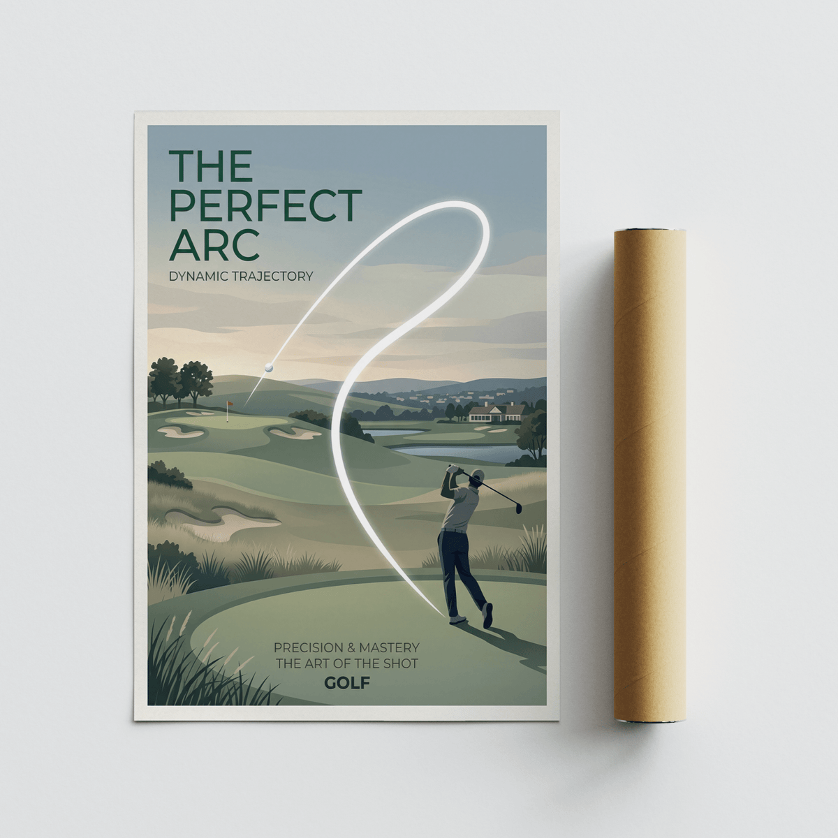 Golf course wall art print with golf swing arc illustration next to a packaging tube