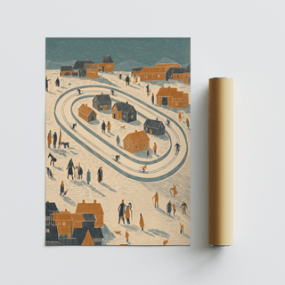 Winter Village Art Print rolled with packaging tube showing a winter village and skating rink in muted colours