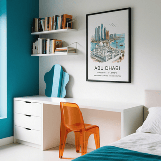 Abu Dhabi Art Print hanging above a desk with an orange chair and books on wall shelves