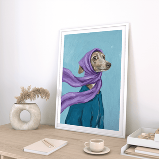 Print leaning on a shelf of dressed up dog art with a purple scarf beside a vase with dried flowers