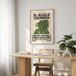 Mexican Eagle Art print of an Aztec eagle warrior in green shades above a wooden table with books