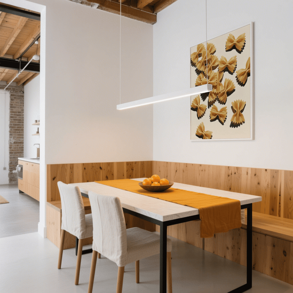 Print on a wall in a dining room showing Farfalle Pasta Art with brown and cream minimalist illustration above a wooden bench