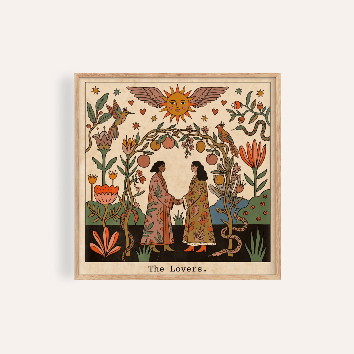 Framed print close-up of The Lovers Tarot Card Art with folk-art style and warm earthy tones