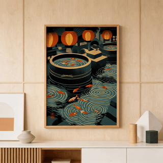 Japanese Koi Art Print leaning on a wall with a modern sideboard beneath featuring neutral ceramics