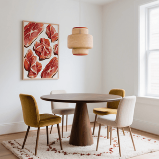 Print of Parma Ham Poster featuring illustrated ham slices with red and pink tones in a dining room with mustard and cream chairs