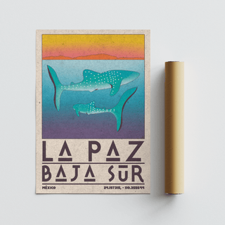 La Paz Mexico Poster with two whale sharks in blue, purple and yellow beside a packaging tube