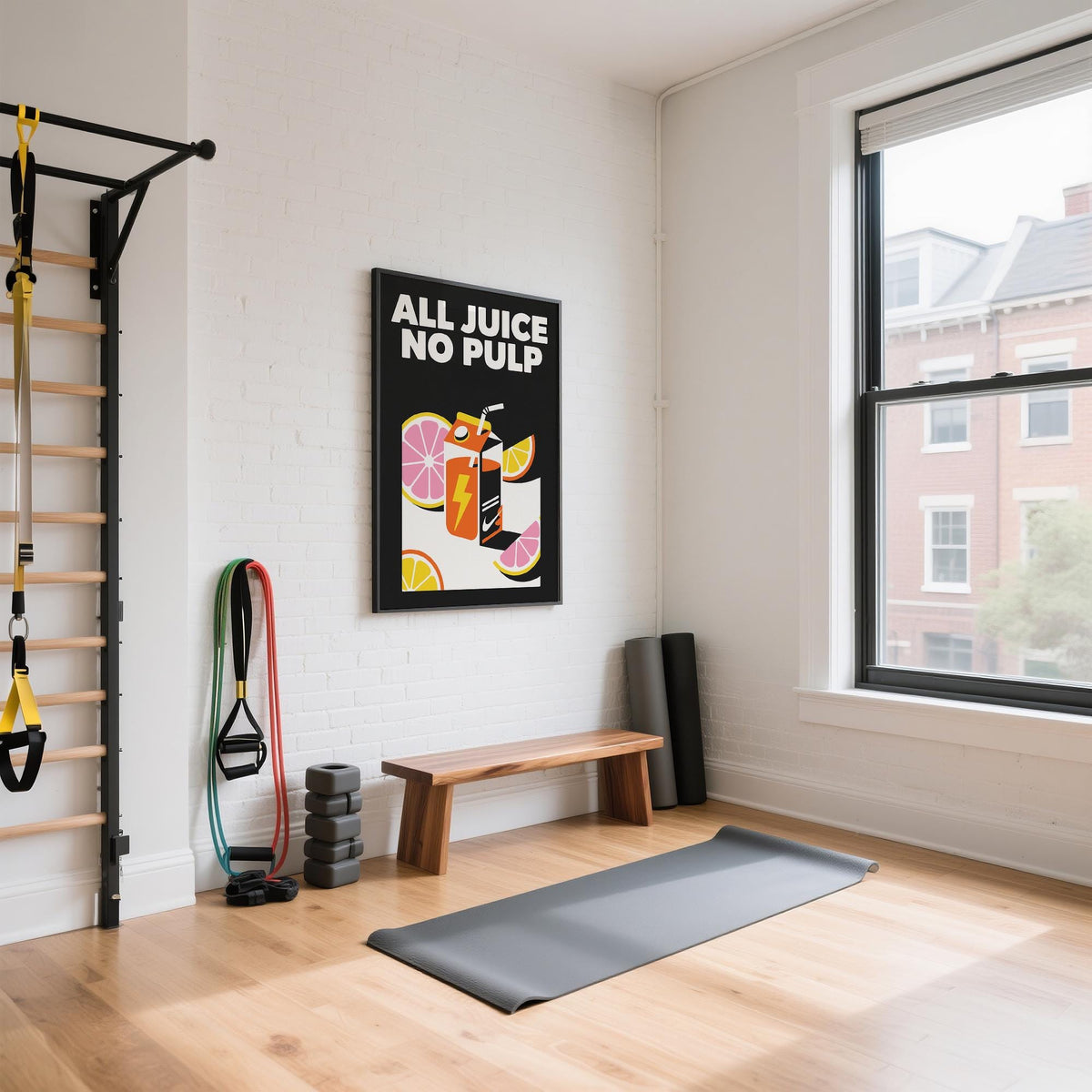 Pop Art Poster wall art of an orange juice carton with pink and yellow citrus in a home gym next to resistance bands