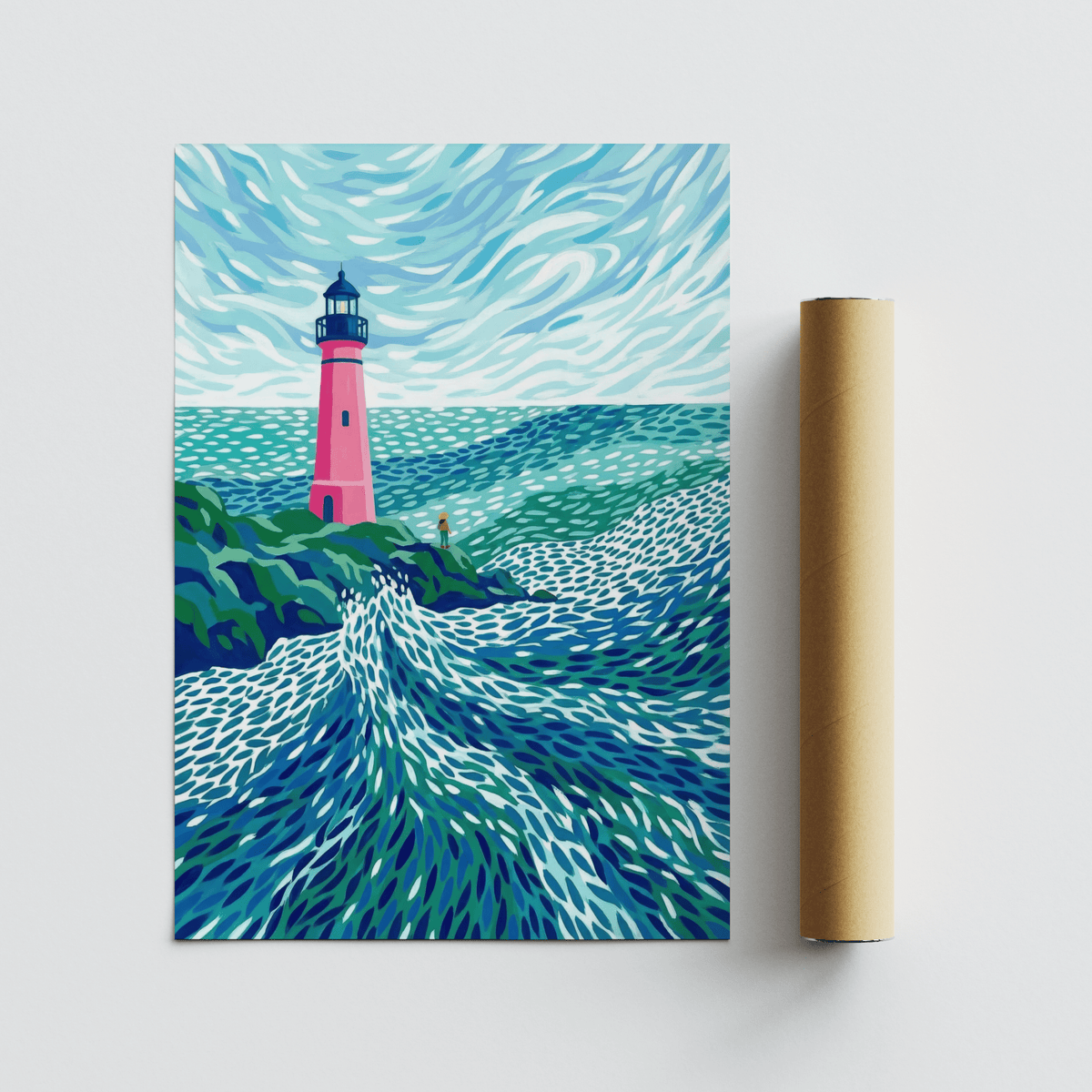 Modern Lighthouse Art print with pink lighthouse and turbulent sea next to packaging tube