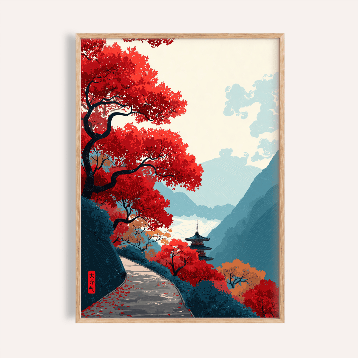 Framed Zen Mountain Poster with red maple tree and pagoda in a Japanese woodblock style